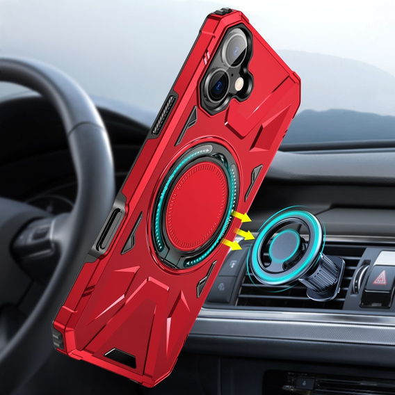 Puzdro pre iPhone 16, pancierované so stojanom a rukoväťou, červené