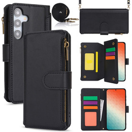 Klapkové puzdro pre Samsung Galaxy S24, Wallet Zipper Pocket RFID, s popruhom cez rameno, čierne