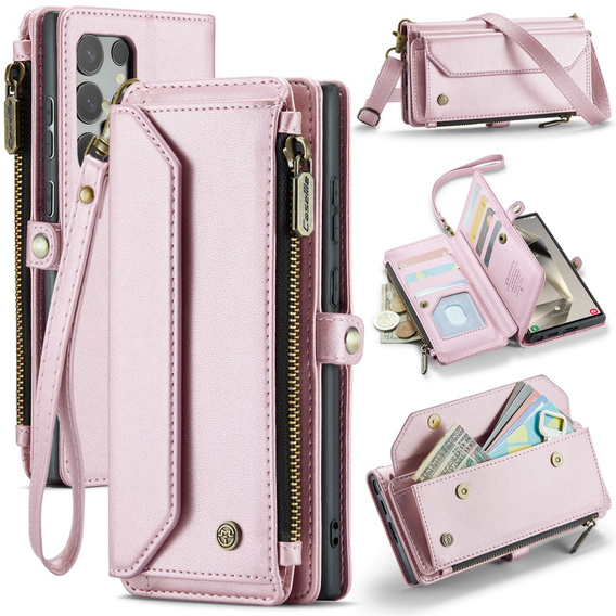 Puzdro CASEME pre Samsung Galaxy S25 Ultra, RFID Leather Wallet, s popruhom cez rameno, ružové