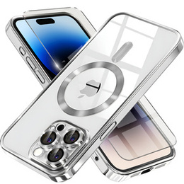 Puzdro pre iPhone 14 Pro, Electro MagSafe, strieborné + sklo na displej
