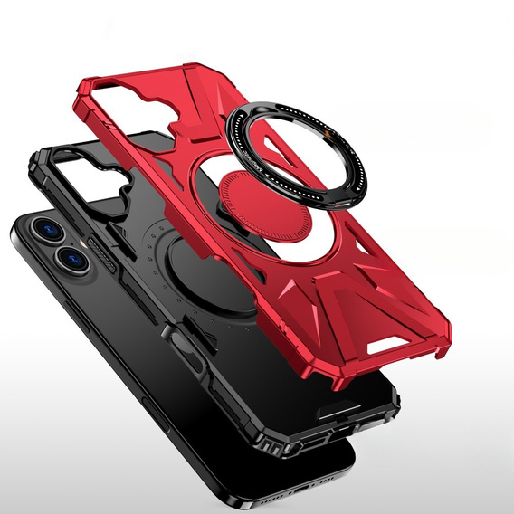 Puzdro pre iPhone 16, pancierované so stojanom a rukoväťou, červené