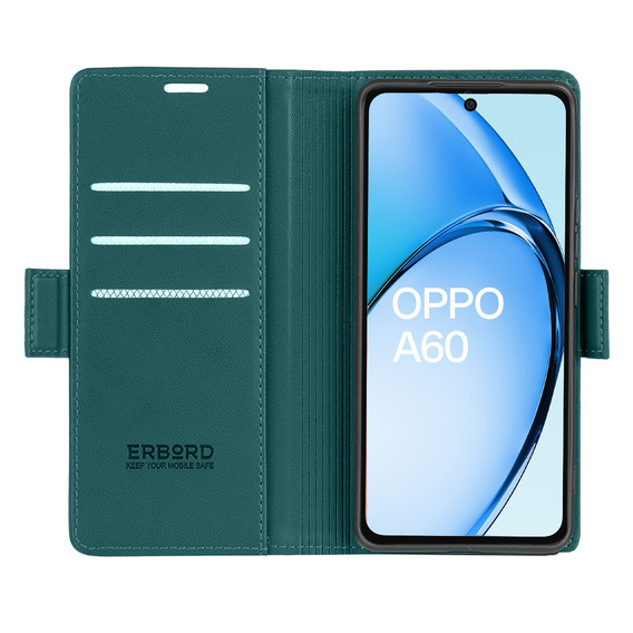 Puzdro pre Oppo A60, ERBORD Glossy Litchi, flipová peňaženka, zelený