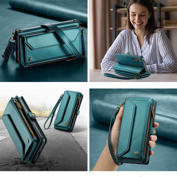 Puzdro CASEME pre Samsung Galaxy S25 FE, RFID Leather Wallet, s popruhom cez rameno, zelený
