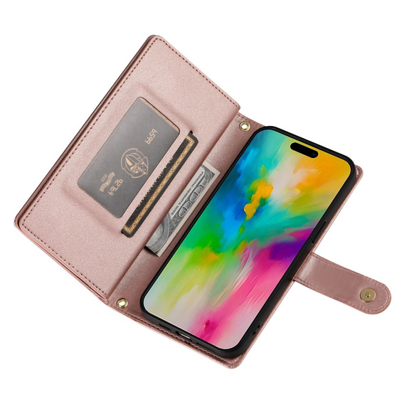 Klapkové puzdro pre iPhone 16 Pro, Wallet Zipper Pocket, ružové
