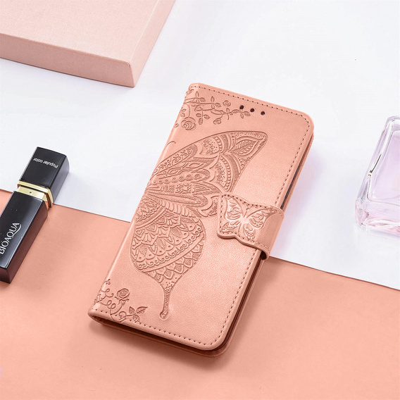Klapkové puzdro pre Xiaomi Poco F7 Pro, Butterfly, ružové rose gold