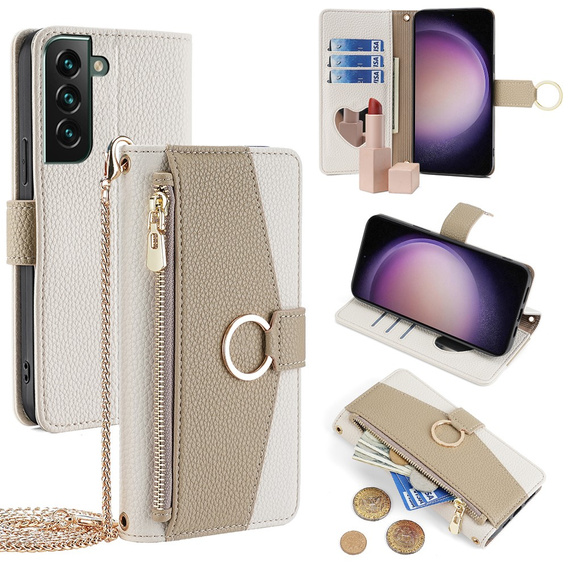 Flipové puzdro pre Samsung Galaxy S23 FE, Wallet Zipper Pocket, so zrkadlom, biele