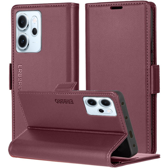 Puzdro pre Oppo Reno 14 F / 14 FS, ERBORD Glossy Litchi, flipová peňaženka, červené