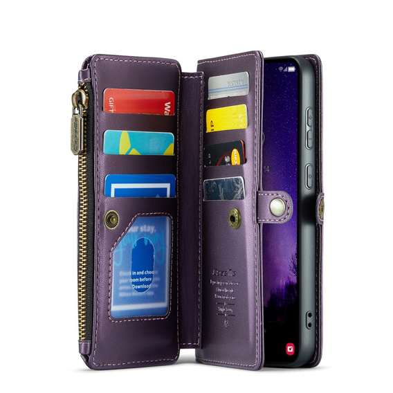 Puzdro CASEME pre Samsung Galaxy S24 FE, RFID Leather Wallet, s popruhom cez rameno, fialové