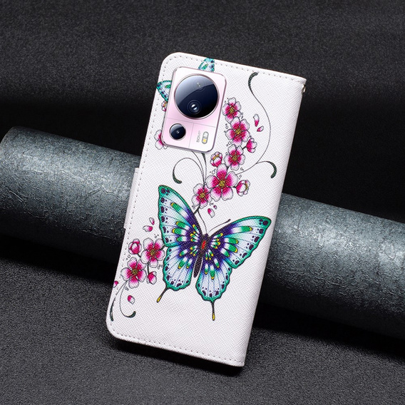 Klapkové puzdro pre Xiaomi 13 Lite, Wallet, butterfly & flowers, biele