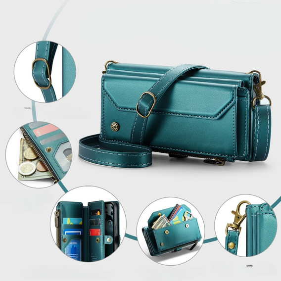Puzdro CASEME pre iPhone16e, RFID Leather Wallet, s popruhom cez rameno, zelený