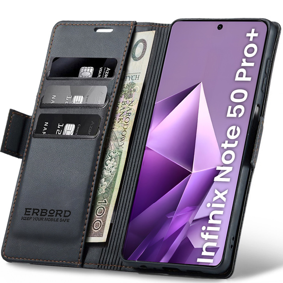 Puzdro pre Infinix Note 50 Pro+, ERBORD Glossy Litchi, flipová peňaženka, čierne
