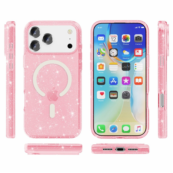Puzdro pre iPhone 17 Pro, pre MagSafe, trblietavé, transparentné ružové