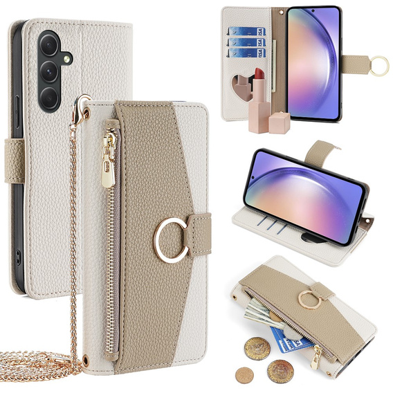 Flipové puzdro pre Samsung Galaxy A54, Wallet Zipper Pocket, so zrkadlom, biele