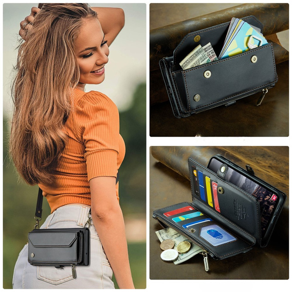 Puzdro CASEME pre Samsung Galaxy S24 FE, RFID Leather Wallet, s popruhom cez rameno, čierne