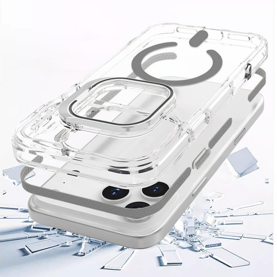 Puzdro pre iPhone 17 Pro, pre MagSafe, so stojanom, priehľadné so sivými vložkami