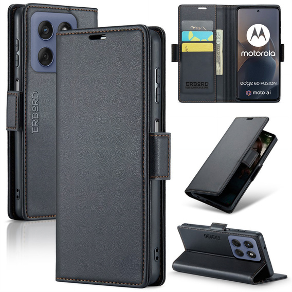 Puzdro pre Motorola Edge 60 / 60 Fusion, ERBORD Glossy Litchi, flipová peňaženka, čierne