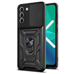 Pancierované puzdro pre Samsung Galaxy S21 FE, pancierovaný Slide Ring, čierne + 9H sklo