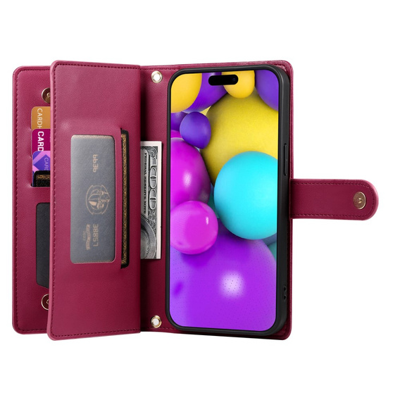 Klapkové puzdro pre iPhone 16 Plus, Wallet Zipper Pocket, červené