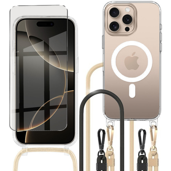 Puzdro so šnúrkou pre iPhone 16 Pro, ERBORD MagSafe, priehľadné + sklo na displej