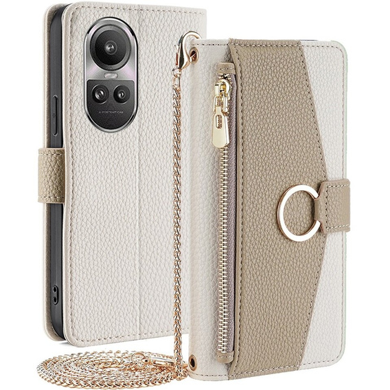 Flipové puzdro pre Oppo Reno 10 / 10 Pro, Wallet Zipper Pocket, so zrkadlom, biele
