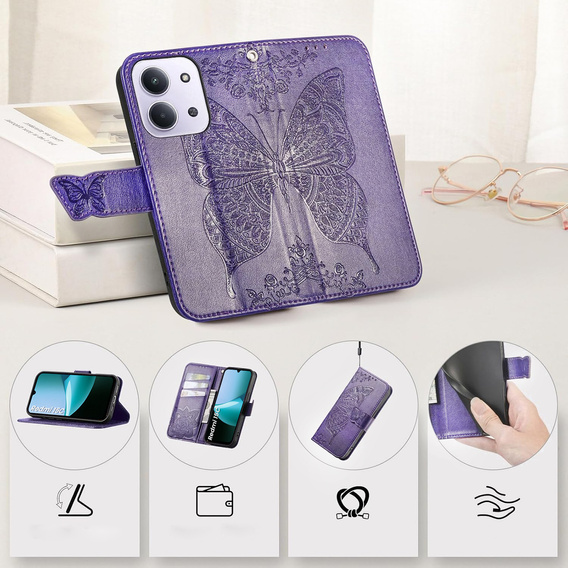 Klapkové puzdro pre Xiaomi Redmi 15C 4G/LTE, Butterfly, fialové