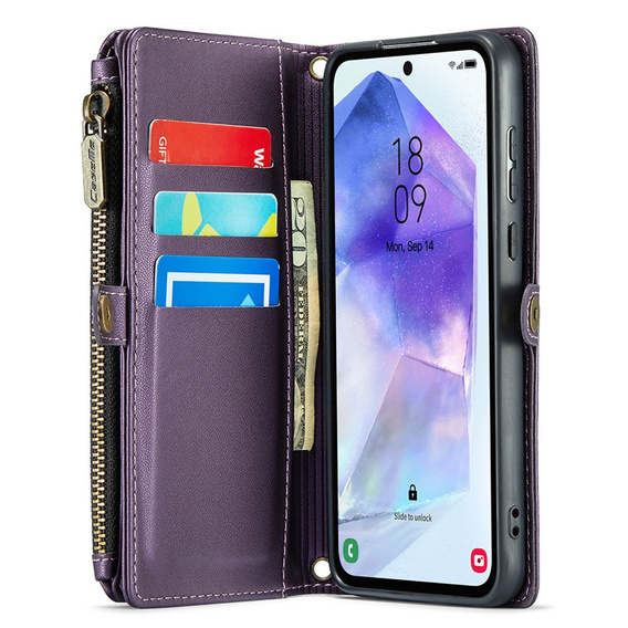 Puzdro CASEME pre Samsung Galaxy A55 5G, RFID Leather Wallet, s popruhom cez rameno, fialové