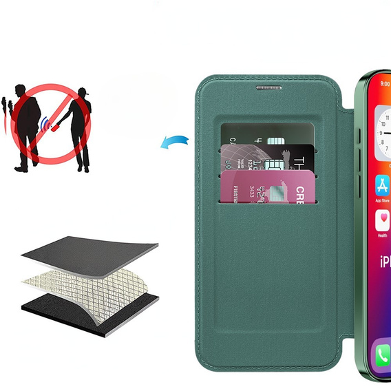 Klapkové puzdro pre iPhone 16, RFID Wallet MagSafe CamShield, zelený