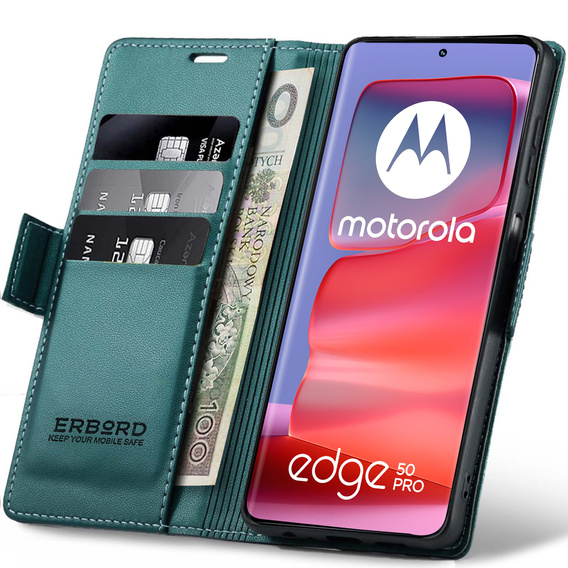 Puzdro pre Motorola Edge 50 Pro, ERBORD Glossy Litchi, flipová peňaženka, zelený