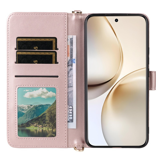 Puzdro s chlopňou pre Realme 14 Pro+ 5G, Crossbody Leather Wallet, ružové rose gold