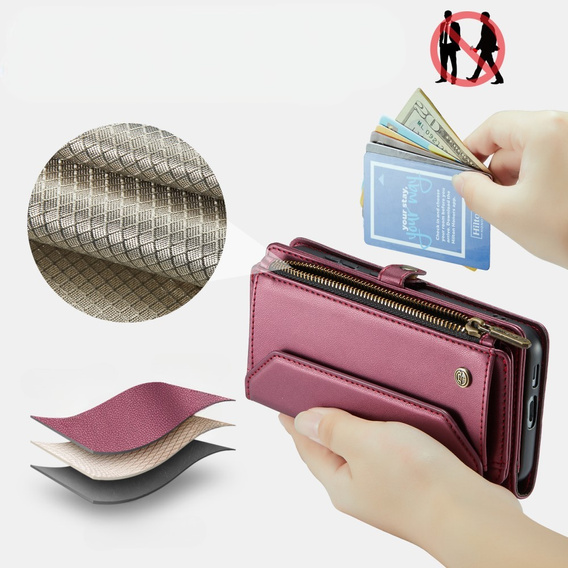 Puzdro CASEME pre Samsung Galaxy S24 FE, RFID Leather Wallet, s popruhom cez rameno, červené