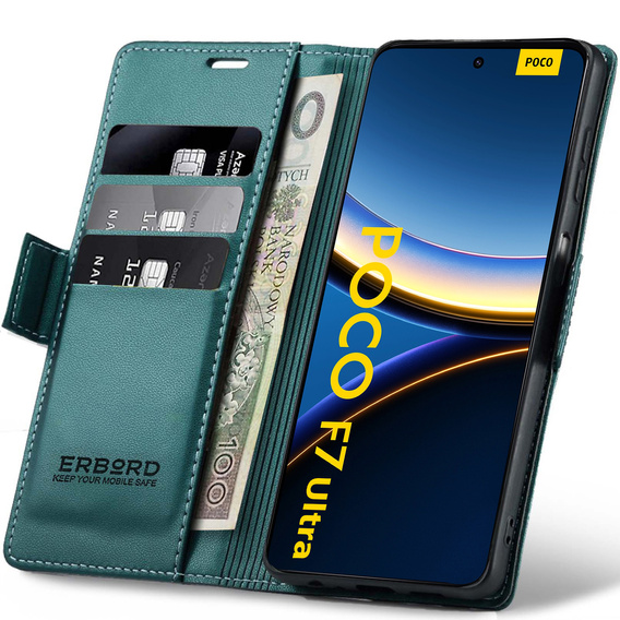 Puzdro pre Xiaomi Poco F7 Ultra, ERBORD Glossy Litchi, flipová peňaženka, zelený
