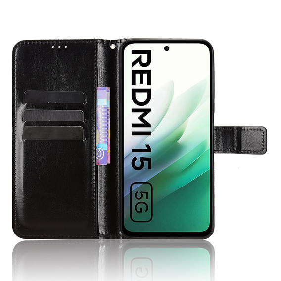 Klapkové puzdro pre Xiaomi Redmi 15 5G / 4G, textúrované Crazy Horse, čierne