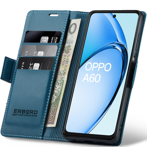 Puzdro pre Oppo A60, ERBORD Glossy Litchi, flipová peňaženka, modré