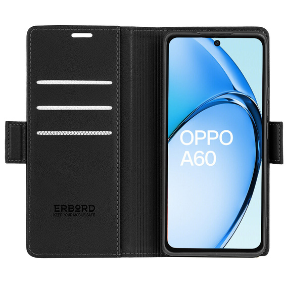 Puzdro pre Oppo A60, ERBORD Glossy Litchi, flipová peňaženka, čierne