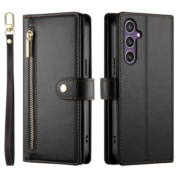 Klapkové puzdro pre Samsung Galaxy S25, Wallet Zipper Pocket, čierne