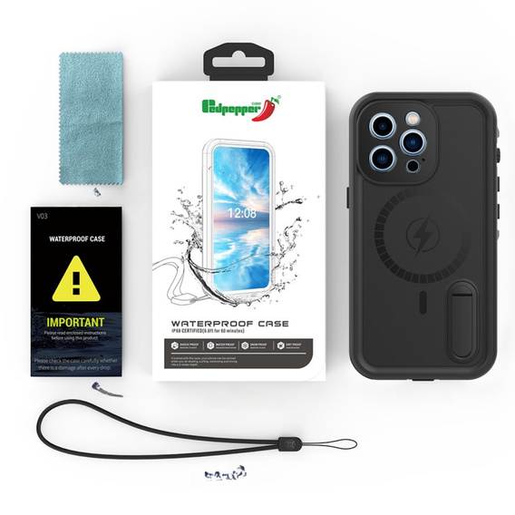 Vodotesné puzdro pre iPhone 13 Pro Max, Redpepper, pre MagSafe, čierne