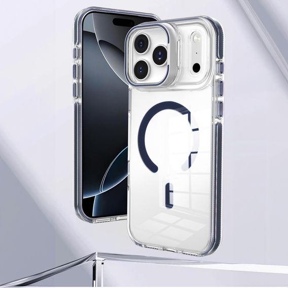 Puzdro pre iPhone 17 Pro Max, pre MagSafe, so stojanom, priehľadné s tmavomodrými vložkami