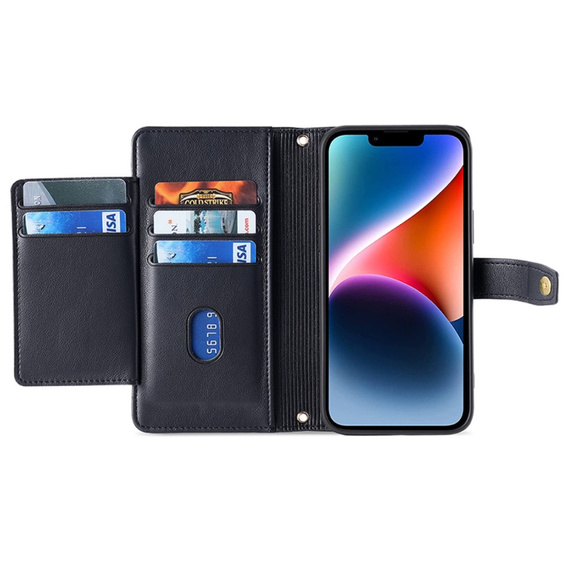 Klapkové puzdro pre iPhone 15, Wallet Zipper Pocket, čierne
