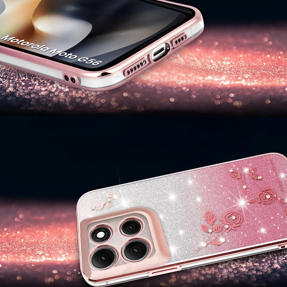 Puzdro pre Motorola Moto G56 5G, Glitter Flower, ružové rose gold