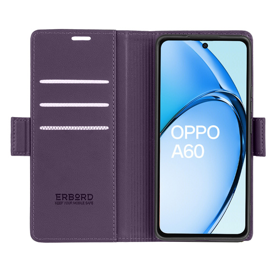 Puzdro pre Oppo A60, ERBORD Glossy Litchi, flipová peňaženka, fialové