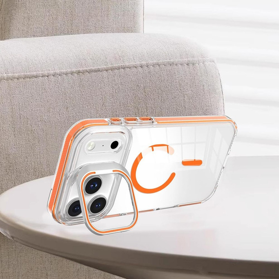 Puzdro pre iPhone 17 Pro Max, pre MagSafe, so stojanom, priehľadné s oranžovými vložkami