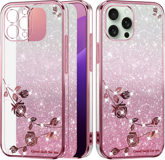 Puzdro pre iPhone 16 Pro, Glitter Flower, ružové rose gold