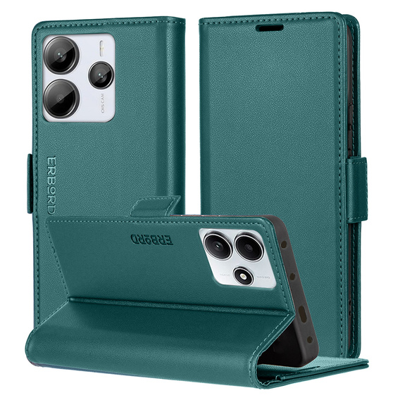Puzdro pre Xiaomi Redmi Note 14 5G, ERBORD Glossy Litchi, flipová peňaženka, zelený