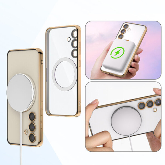 Puzdro pre Samsung Galaxy A15 4G/5G, Electro MagSafe, zlaté + sklo na displej