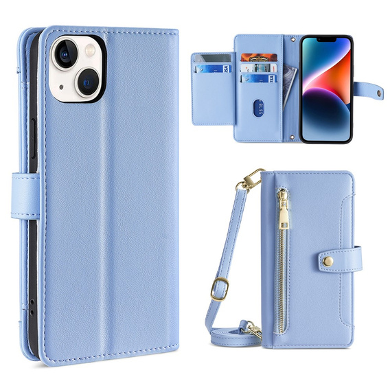 Klapkové puzdro pre iPhone 15, Wallet Zipper Pocket, modré