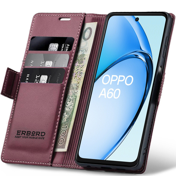 Puzdro pre Oppo A60, ERBORD Glossy Litchi, flipová peňaženka, červené