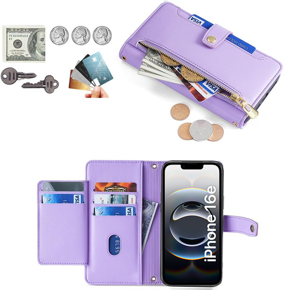 Klapkové puzdro pre iPhone 16E, Wallet Zipper Pocket, fialové