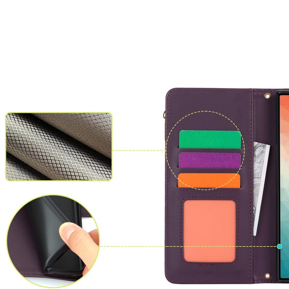 Klapkové puzdro pre Samsung Galaxy S24 Ultra, Wallet Zipper Pocket RFID, s popruhom cez rameno, čierne