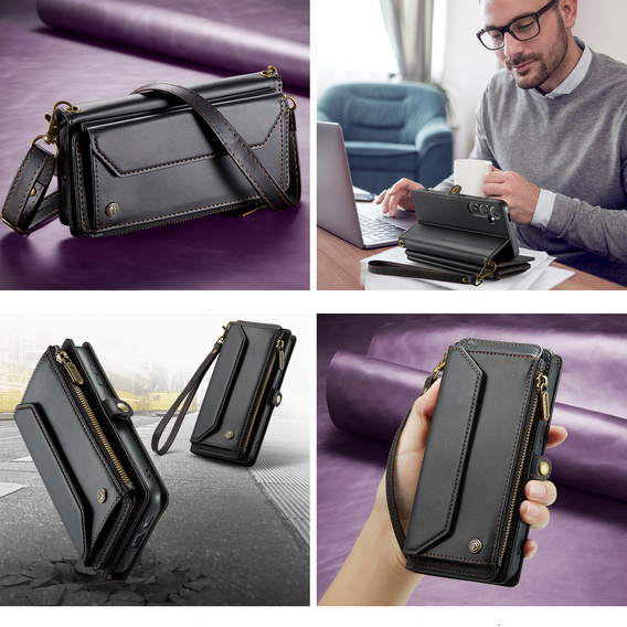 Puzdro CASEME pre Samsung Galaxy S25 FE, RFID Leather Wallet, s popruhom cez rameno, čierne