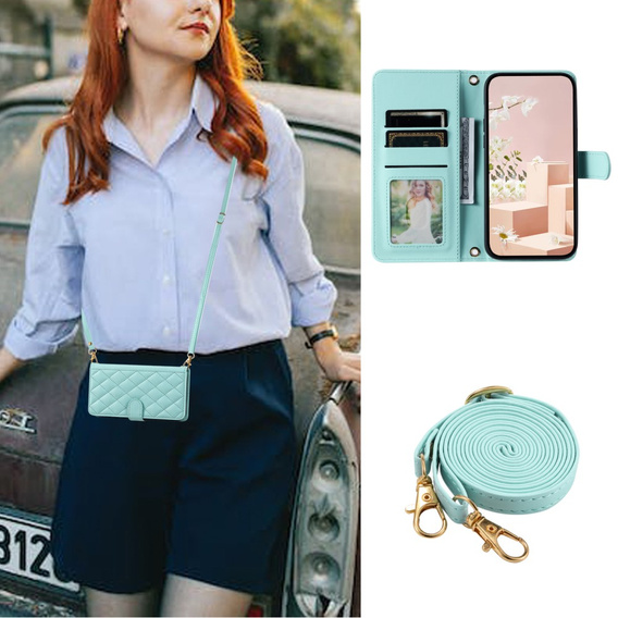 Puzdro s chlopňou pre iPhone 16 Pro, Rhombus Crossbody Leather, zelený